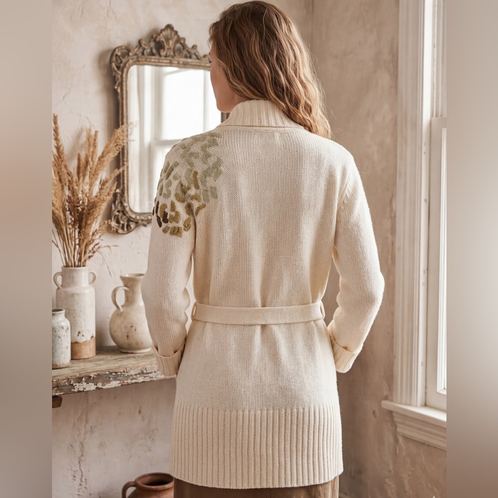 Vintage 90s Together Ivory Chunky Wool Bear Embroidered Cardigan Shawl Collar L - Picture 10 of 14